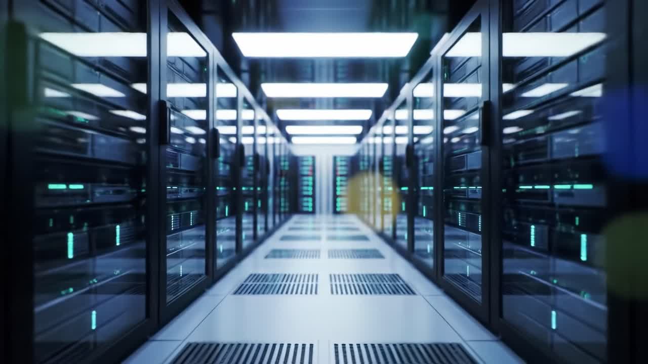 Exploring a Modern Data Center: A Glimpse into the High-Tech World of Servers and Network Infrastructure with Advanced Cooling and Lighting Systems