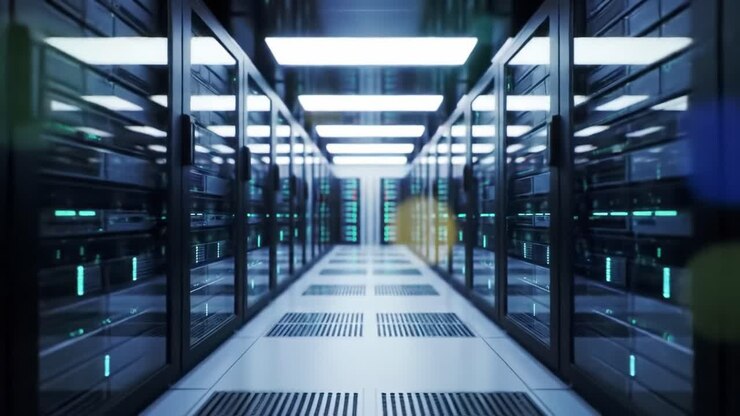 Exploring a Modern Data Center: A Glimpse into the High-Tech World of Servers and Network Infrastructure with Advanced Cooling and Lighting Systems