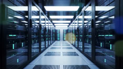 exploring a modern data center: a glimpse into the high-tech world of servers and network infrastructure with advanced cooling and lighting systems