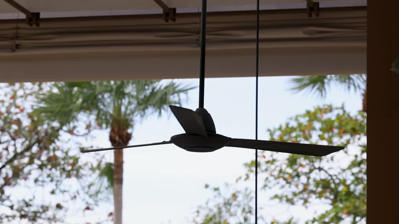 Ceiling fan spins slowly against a backdrop of palm trees and sky, creating a serene atmosphere