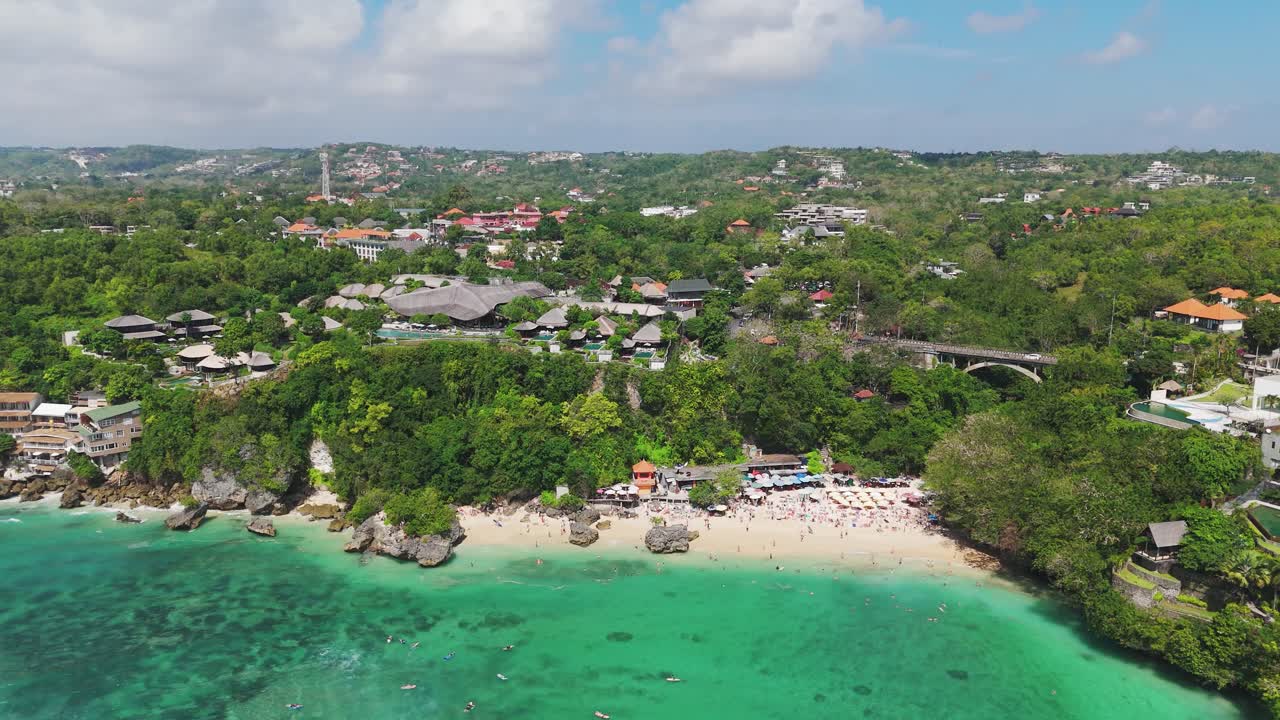 Scenic aerial of Padang Padang Beach, famous coastal spot in Uluwatu