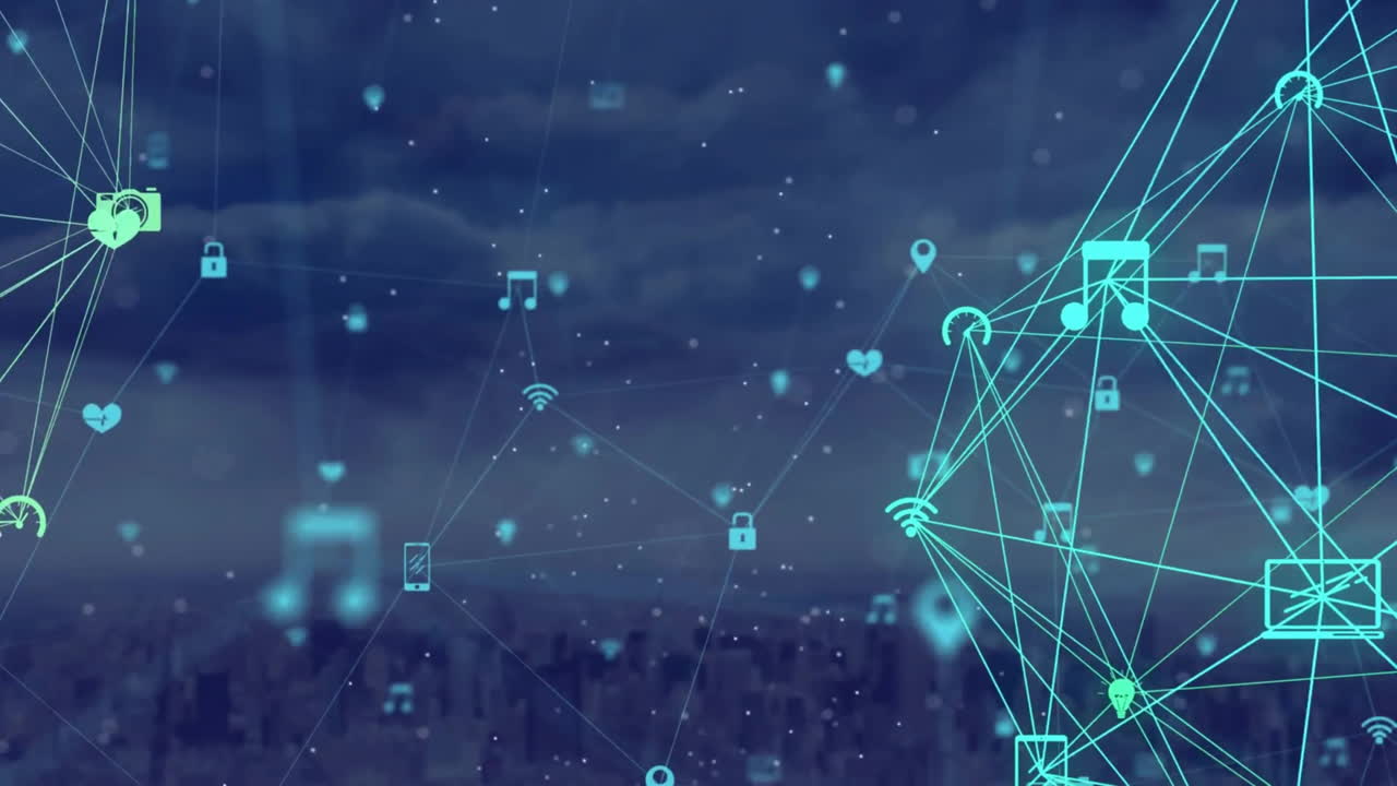 animación de varios iconos de aplicaciones móviles conectadas sobre vista aérea del paisaje urbano y el paisaje nuboso