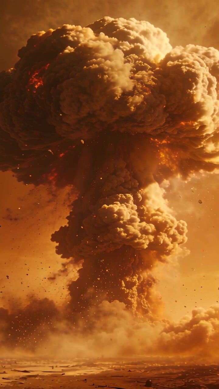 Vertical video: Erupting mushroom cloud rising over flat plain after blast, embers and dust surging