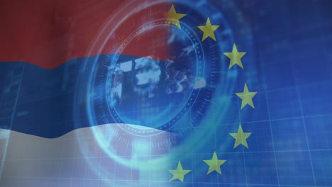 animación del escaneo del alcance y el símbolo nft sobre la bandera de serbia y la ue