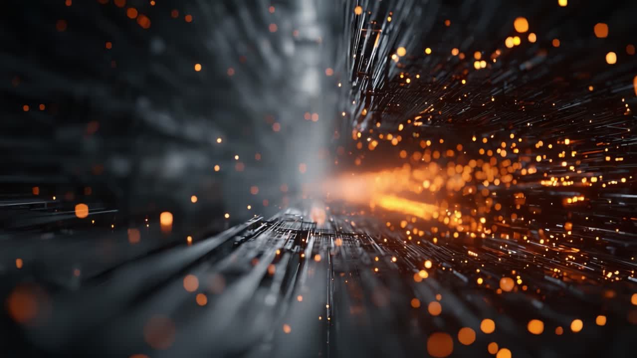 Dynamisk energiflow: En fængslende visualisering af lys, partikler og bevægelse i et abstrakt rum, omgivet af et levende udbrud af lys og farve.