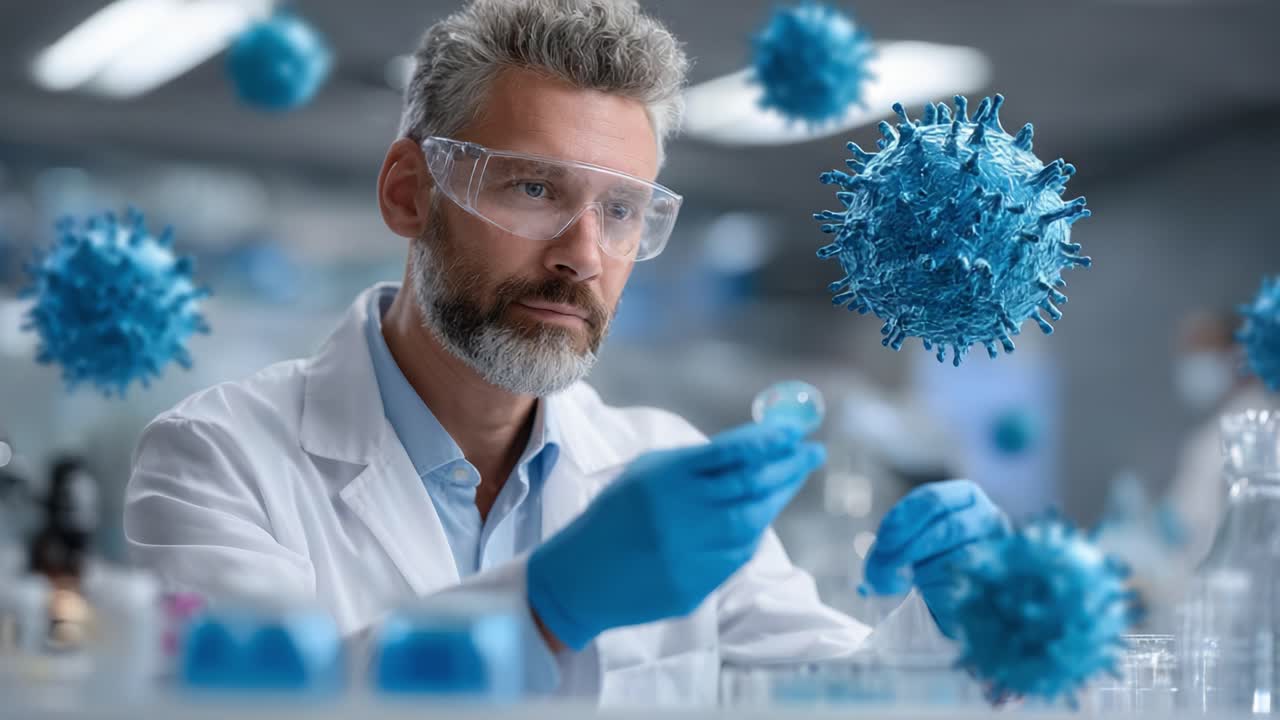 Un científico especializado examina una muestra en un laboratorio rodeado de representaciones de virus, lo que muestra la intersección entre la investigación y la virología.