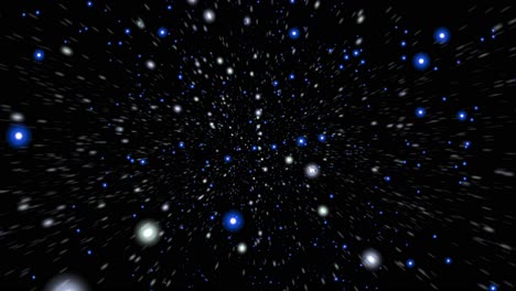 zoom through stars in deep space, with bright blue and white light trails