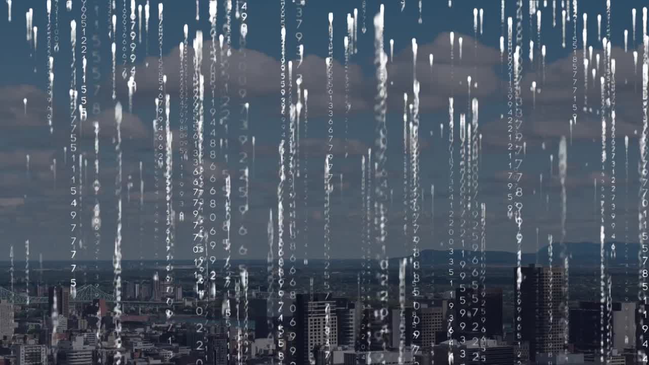 도시 풍경 위의 데이터 처리 애니메이션