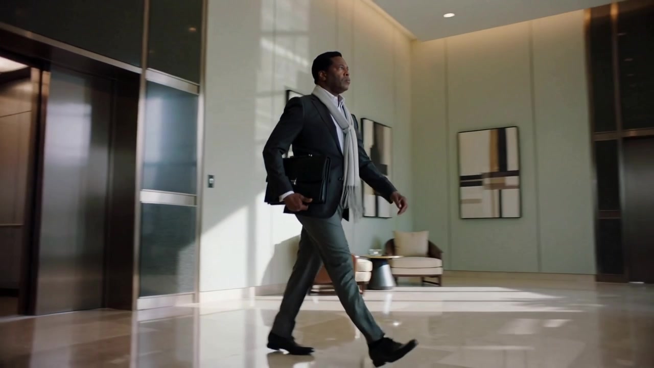 Elevator closing sending man in dark suit holding scarf walking toward reception carrying briefcase