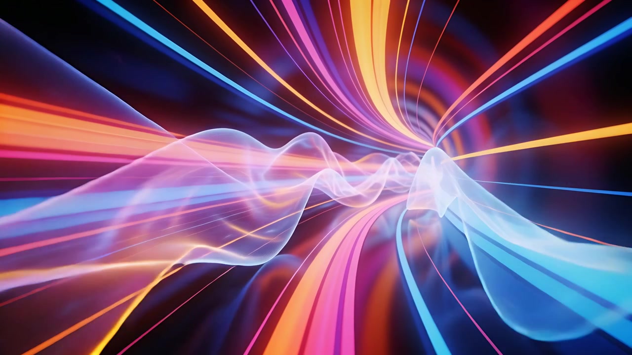 Vortice luminoso che spinge bande di neon e un nastro in avanti attraverso un tunnel, attirando lo spettatore verso il vortice.