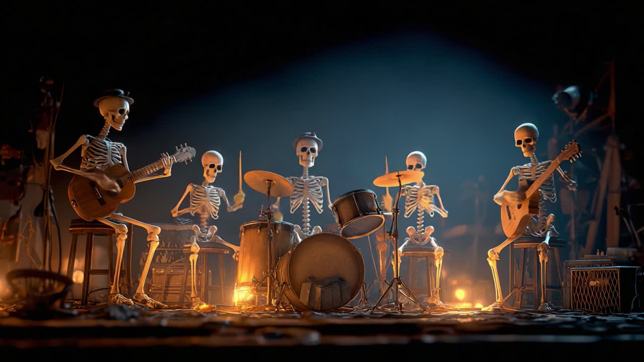 A Captivating Ensemble of Musical Skeletons Performing in an Enigmatic Atmosphere, Showcasing Their Unique Style of Entertainment with Instruments and a Mesmerizing Backdrop