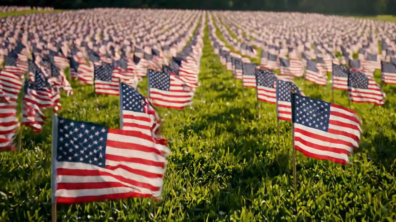 American flags waving in a field for memorial day