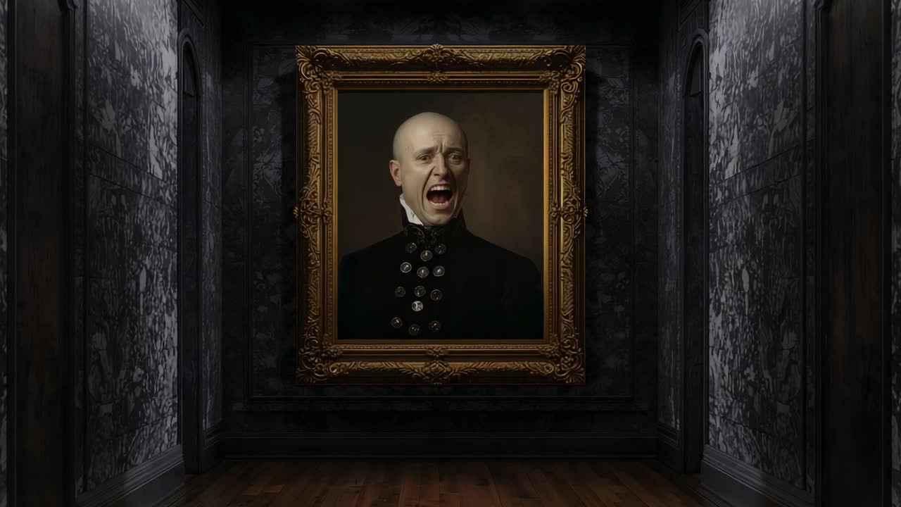 Portrait subject making throaty sound then screaming at two-second mark in hallway, ornate frame