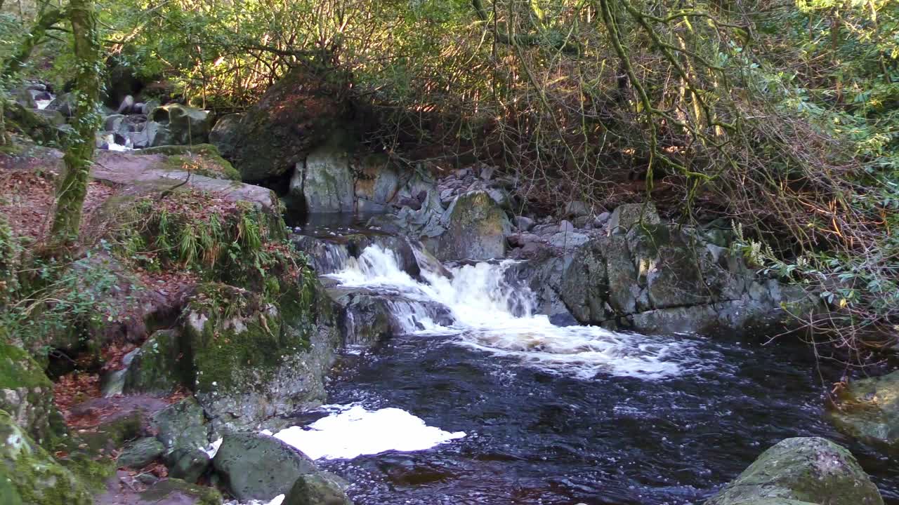 Mountain stream cascading down rocky pools late on a cold winter afternoon