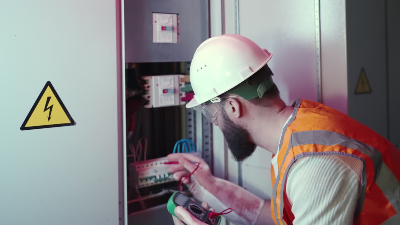 electricista que trabaja en el panel eléctrico