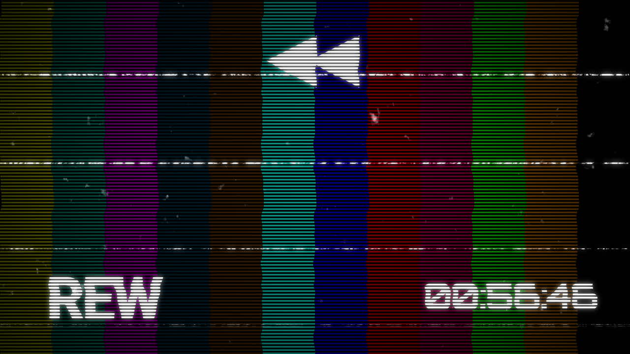 Retro VHS Rewind Screen with Color Bars and Glitch Effect