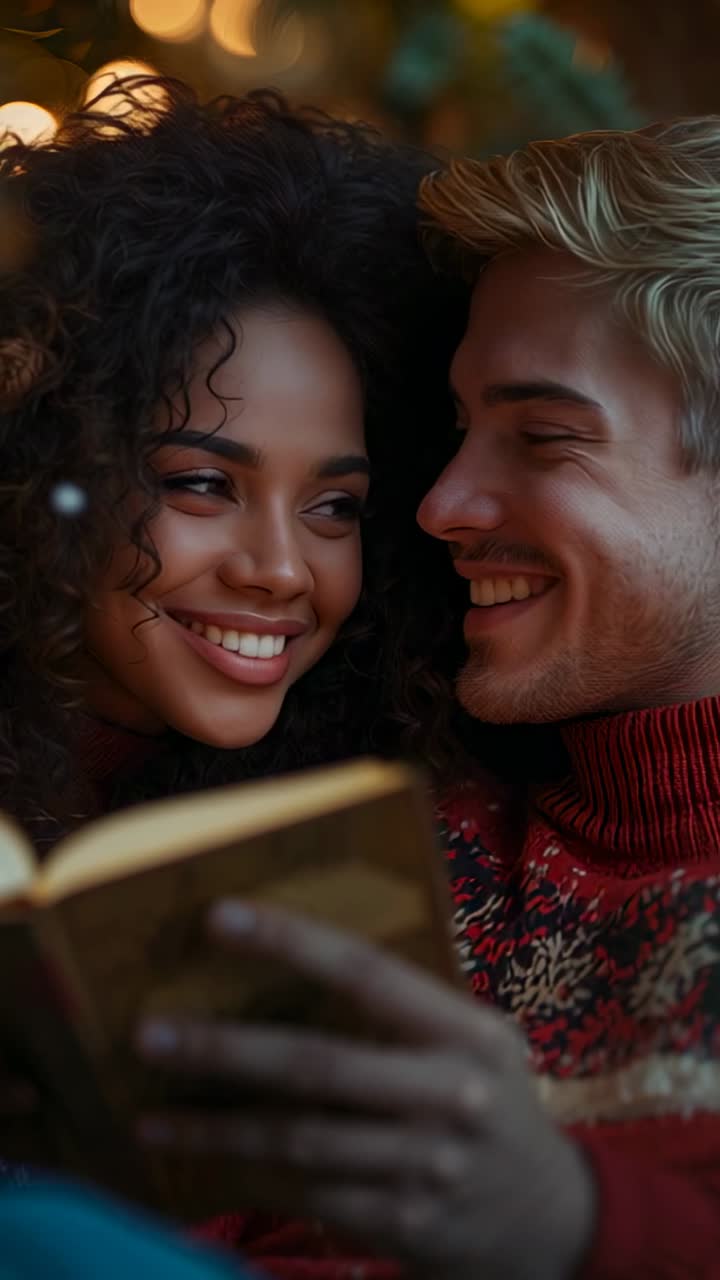 Video verticale: libro che si apre, coppia che si sporge e legge insieme in una stanza con luci decorative