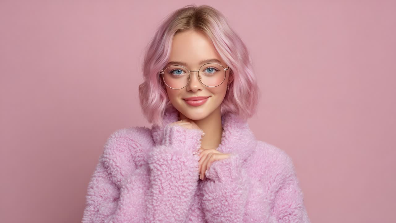 Ritratto accattivante di una giovane donna con eleganti capelli rosa e occhiali su uno sfondo rosa tenue, per un'esperienza visiva coinvolgente