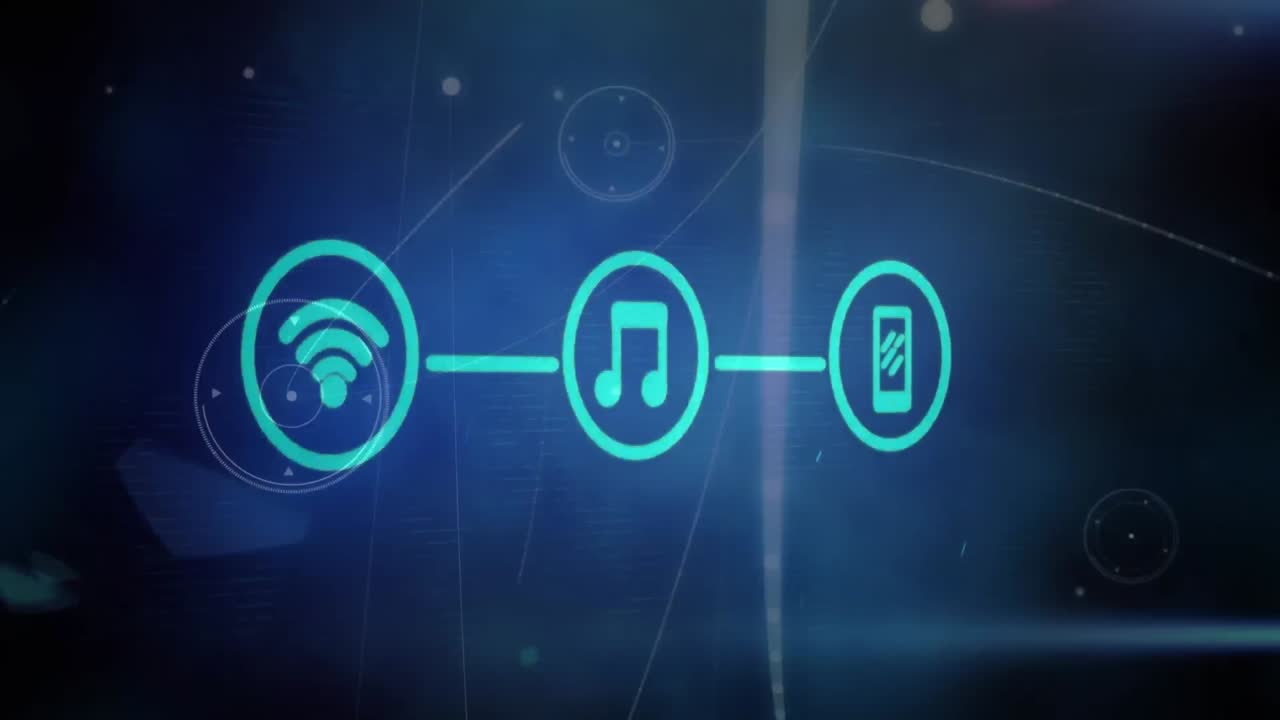 animación del procesamiento digital de datos y los iconos de seguridad sobre fondo negro