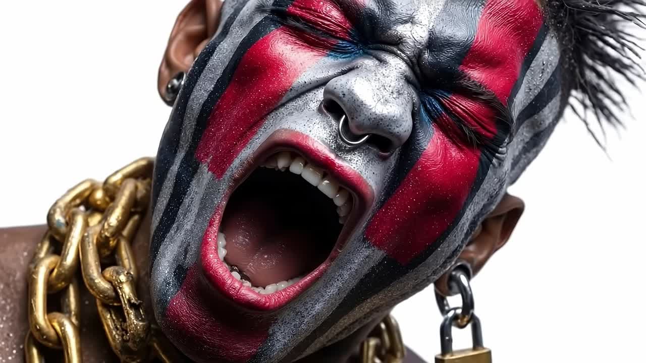 A man with his face painted in the colors of the flag of the United Kingdom
