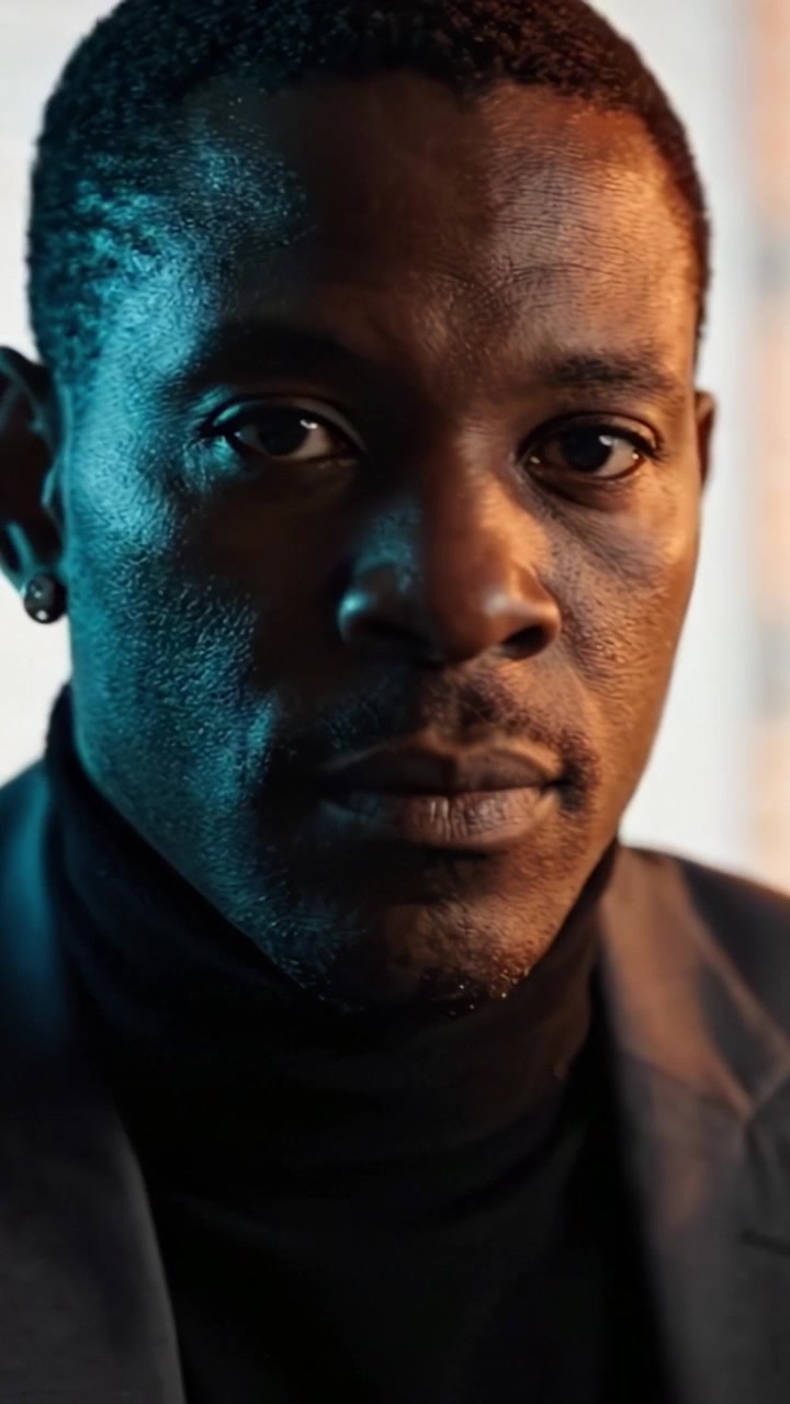 Intense Close-Up Portrait of a Person with a Serious Expression, Featuring Contrast Between Light and Shadows for Dramatic Effect