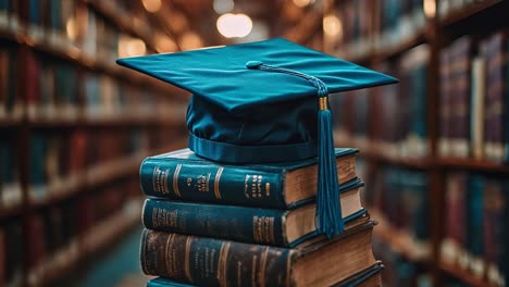 graduation cap on a stack of old books in a library