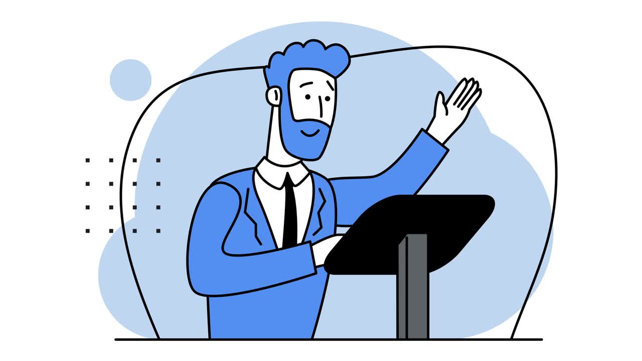 Happy man gives a speech. Personnel training. Business Development Conference. Consultation of a professional. Promotion bof the idea. Completed task. Modern Blue colours, shades. 2d flat animation.