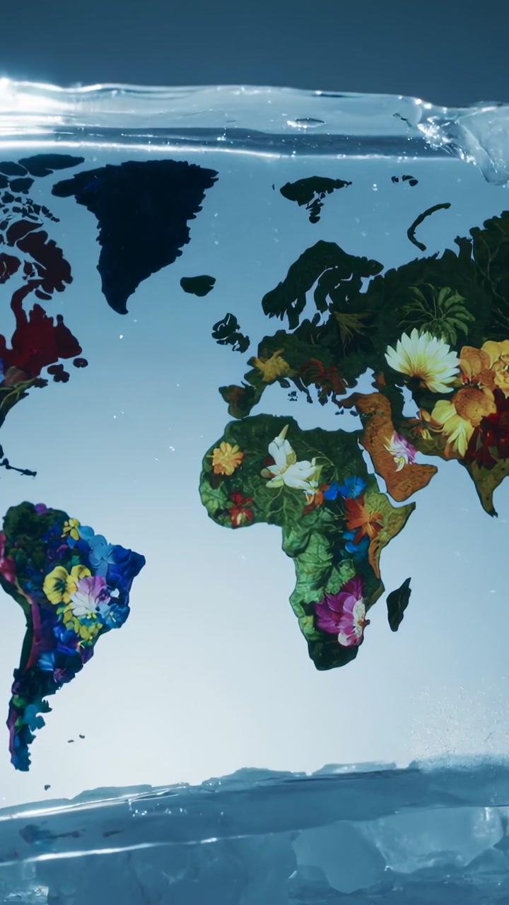 Vertical video: Shifting camera revealing floral world map inside glass block on cool blue backdrop
