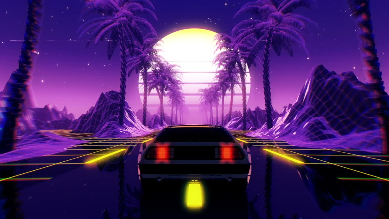 80년대 레트로 퓨처리즘 sf 시엄리스 루프: 빈티지 자동차와 함께 vj 풍경