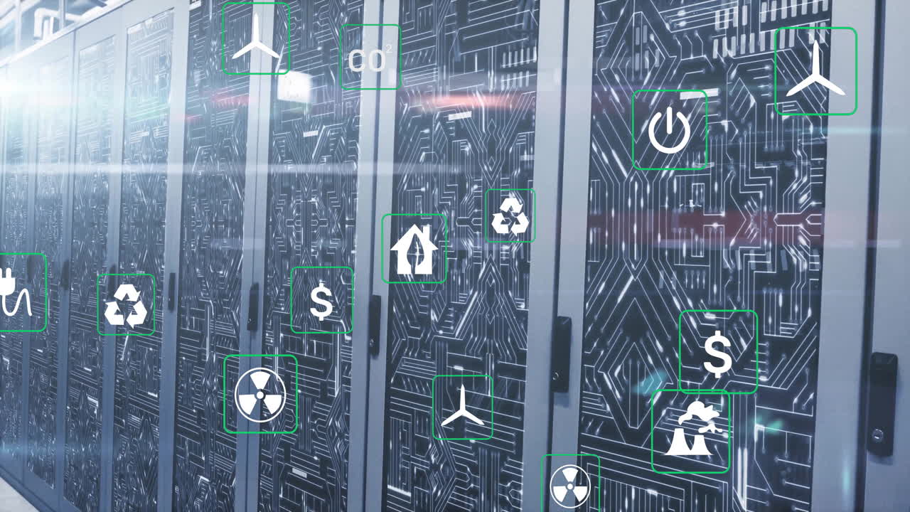 animación de iconos ecológicos y procesamiento de datos digitales a través de servidores informáticos
