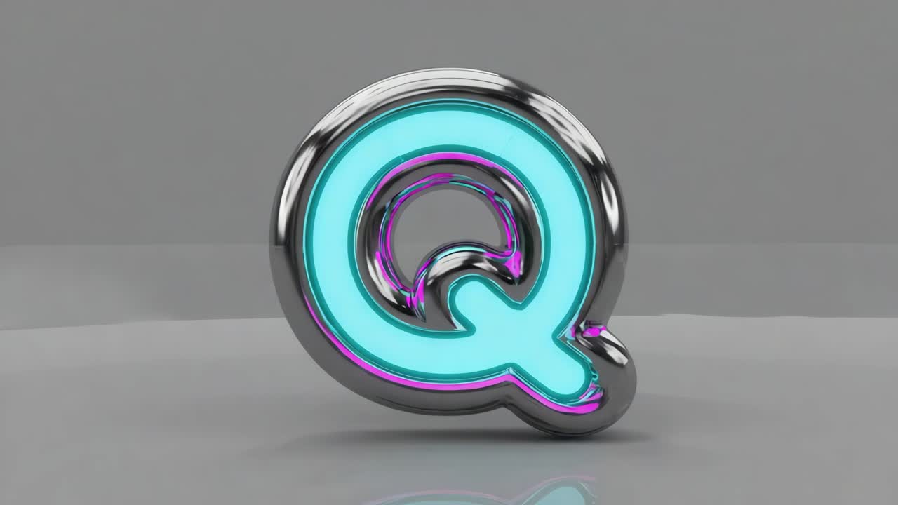 3D rendering of a futuristic metallic letter Q with neon lights