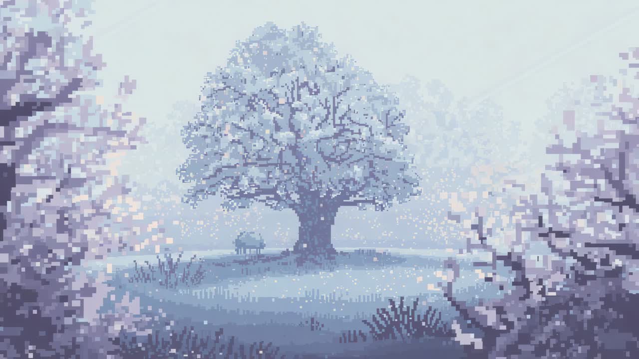 Appearing particles drifting around pixel tree on grassy mound, showing bench and blooming branches