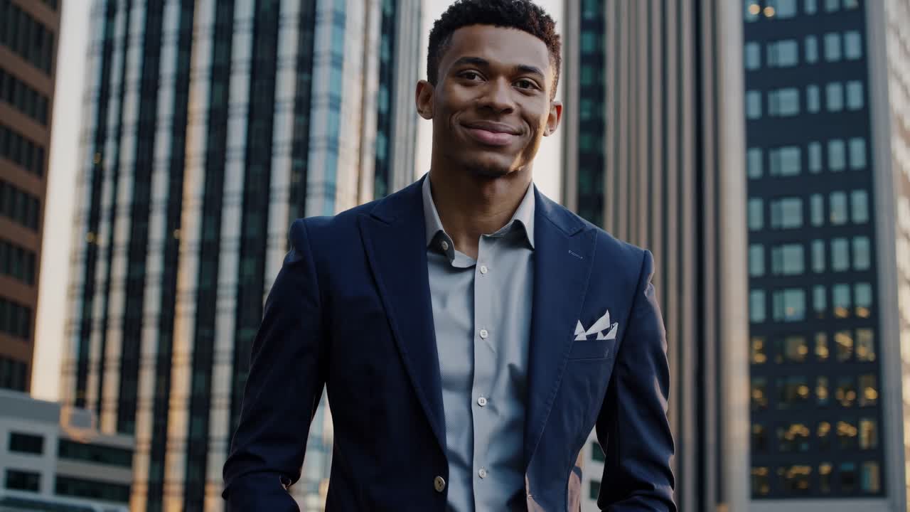 empresario negro profesional con confianza de pie en el distrito de negocios urbano, enmarcado por altos rascacielos que simbolizan el éxito profesional y la ambición empresarial