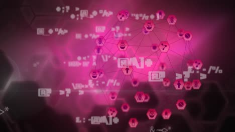 Multiple-changing-symbols-and-globe-of-digital-icons-against-hexagonal-shapes-on-pink-background