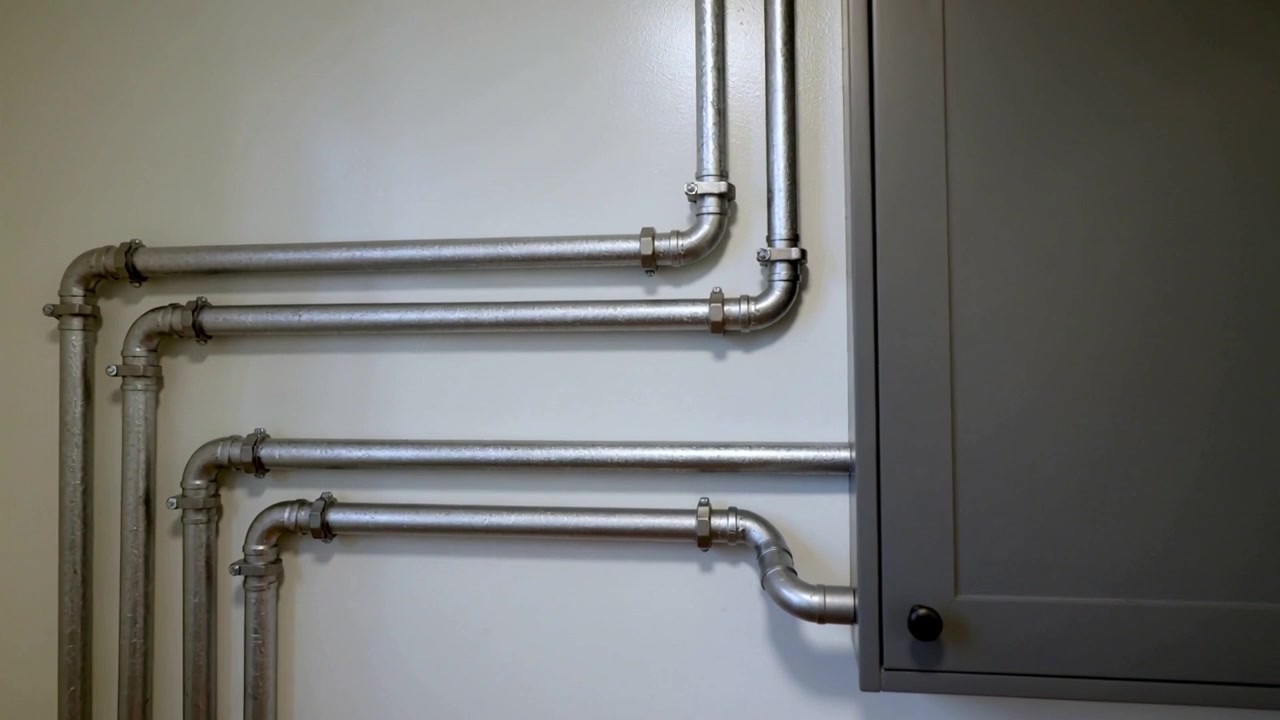 Liikkuva kamera paljastaa esillä olevat metalliset putkistot ja harmaan seinäkaapin teknisessä tilassa.
