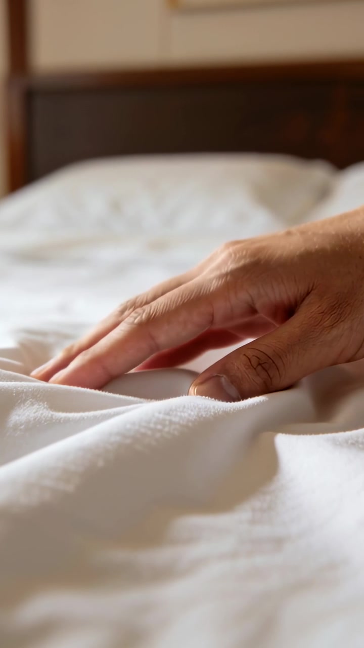 Video verticale: Polpastrelli che toccano la mano destra che liscia un lenzuolo bianco sul letto, anello visibile
