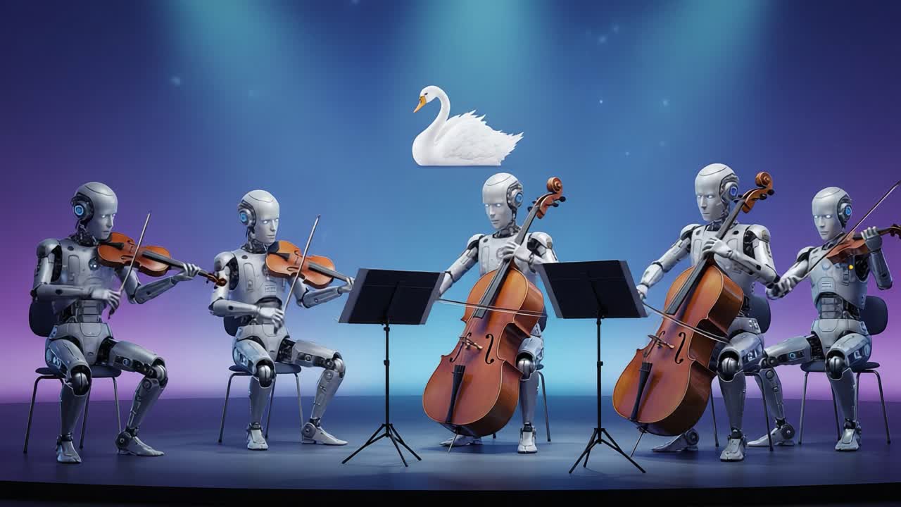 Màn trình diễn lôi cuốn của các nhạc công robot chơi nhạc cụ trên sân khấu, cùng với một chú thiên nga quyến rũ, thể hiện sự sáng tạo và đổi mới trong nghệ thuật