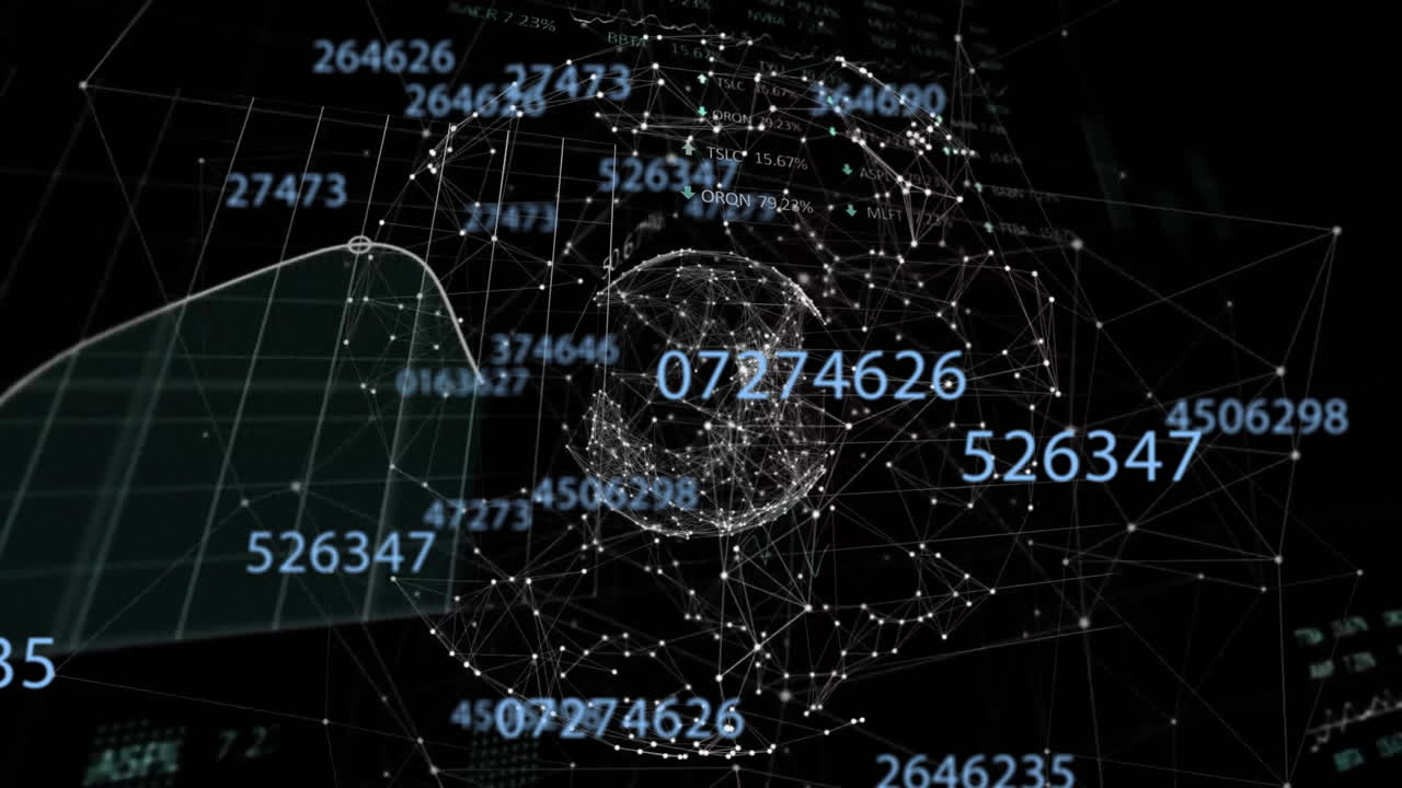 Animation of financial data processing over globe and grid