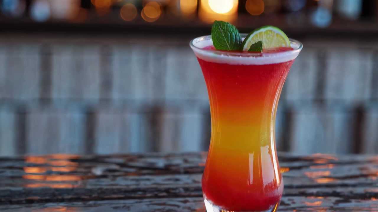 Primo piano di un cocktail colorato a strati con guarnizione in un bar
