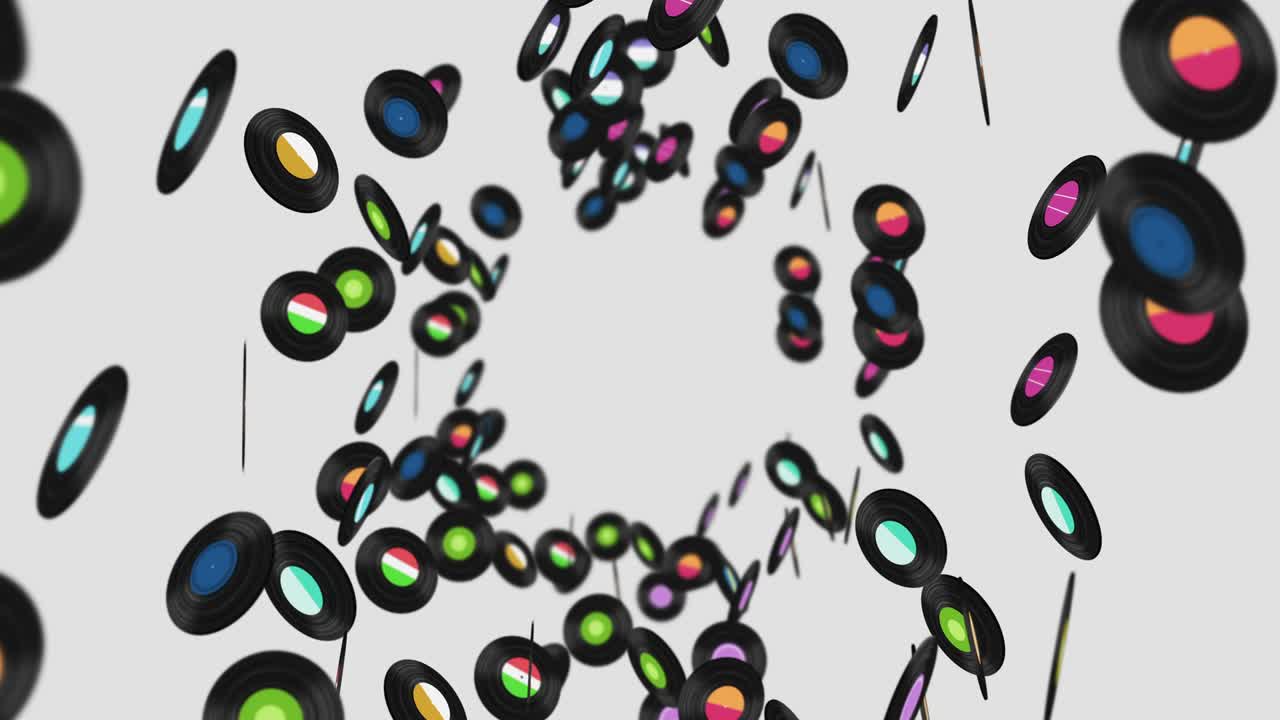 색 배경에 많은 비닐 레코드를 날아. 오래된 기술. 레트로 디자인. 음악 레코드 회전의 3d 애니메이션. 루프 애니메이션.