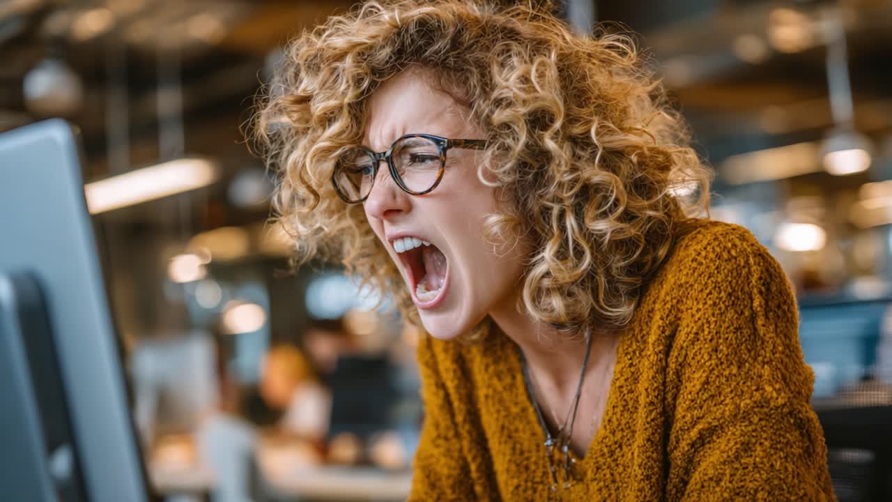 A Frustrated Person Expressing Anger at Computer, Captured in Two Frames Signifying Intense Emotion and Digital Struggles in a Modern Workspace Environment