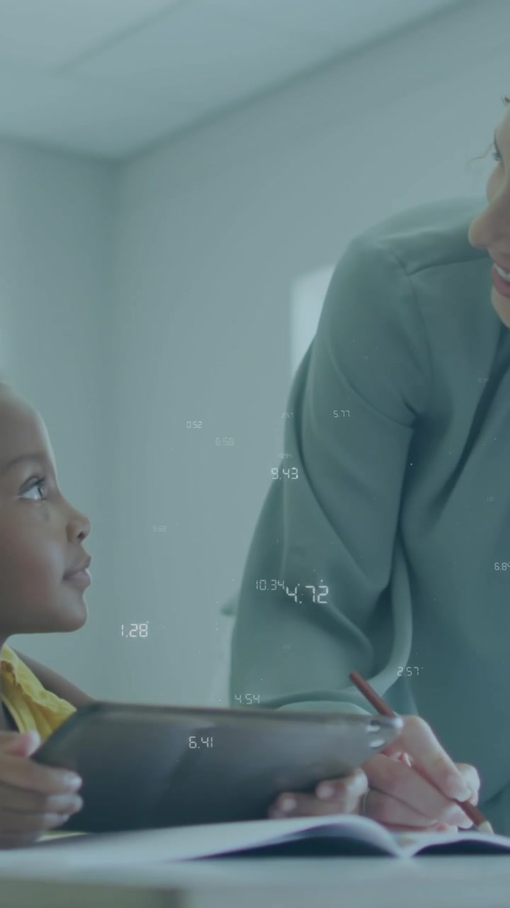 Animation of network and data processing over diverse female teacher and schoolgirl with tablet