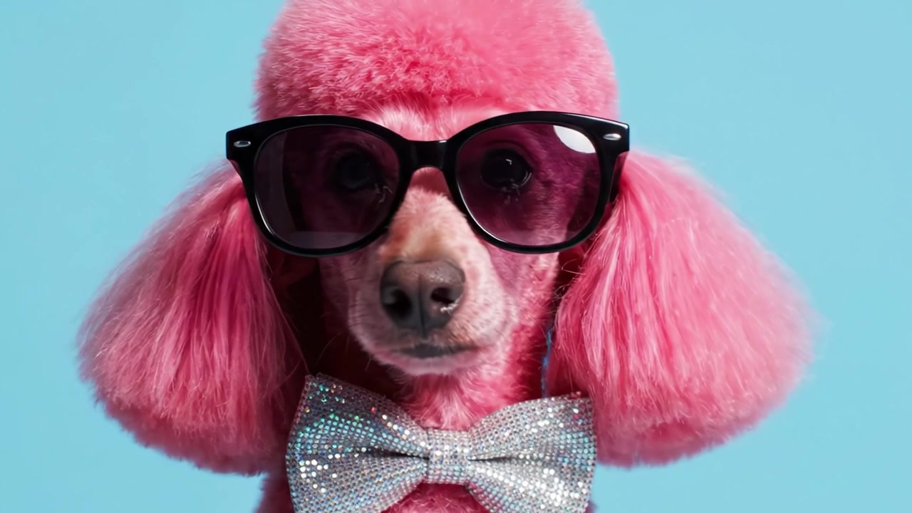 Smart Lyserød Puddel Viser Sig Frem: En stilfuld hund med butterfly og solbriller mod en lys blå baggrund, perfekt til kæledyrsmodeentusiaster.
