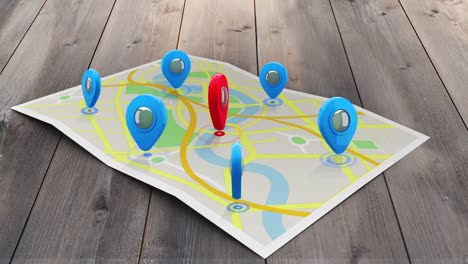 Red-marker-on-a-map-surrounded-by-blue-markers