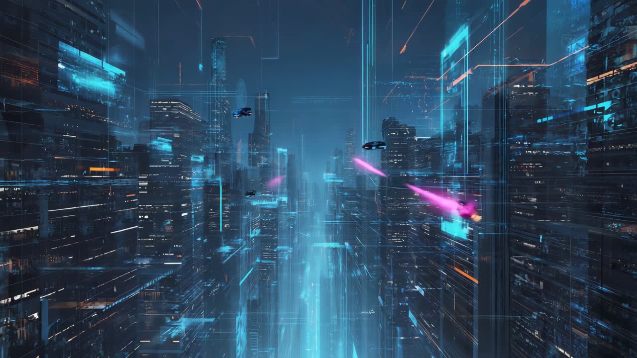 Futuristic Cyberpunk Cityscape with Flying Vehicles and Neon Lights