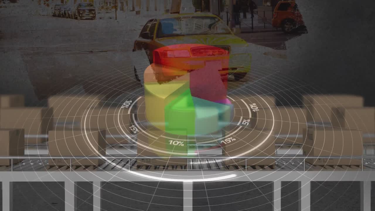animación del procesamiento de estadísticas sobre cajas de cartón en cintas transportadoras y paisaje urbano