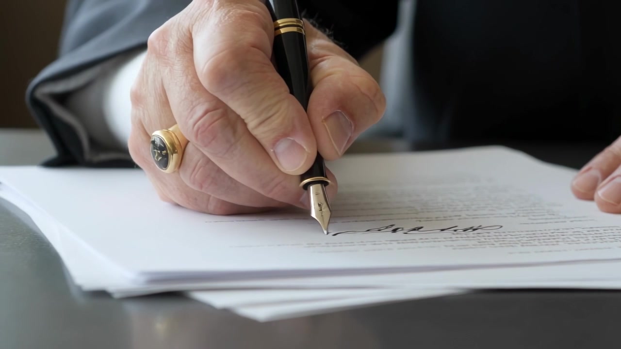 La mano destra di un anziano con il polsino della giacca che completa una firma in ufficio, mentre la penna è posata sulla riga.