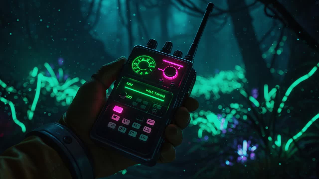 A Close-Up View of a High-Tech Communication Device Glowing in a Mysterious Bioluminescent Forest Setting, Capturing the Essence of Adventure and Exploration