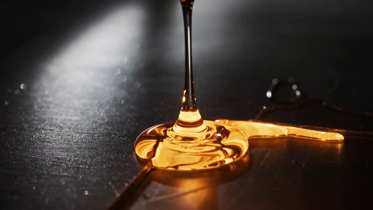 Un denso flusso dorato si versa sulla giunzione di un tavolo, formando una pozza mentre una goccia colpisce, creando anelli appuntiti.