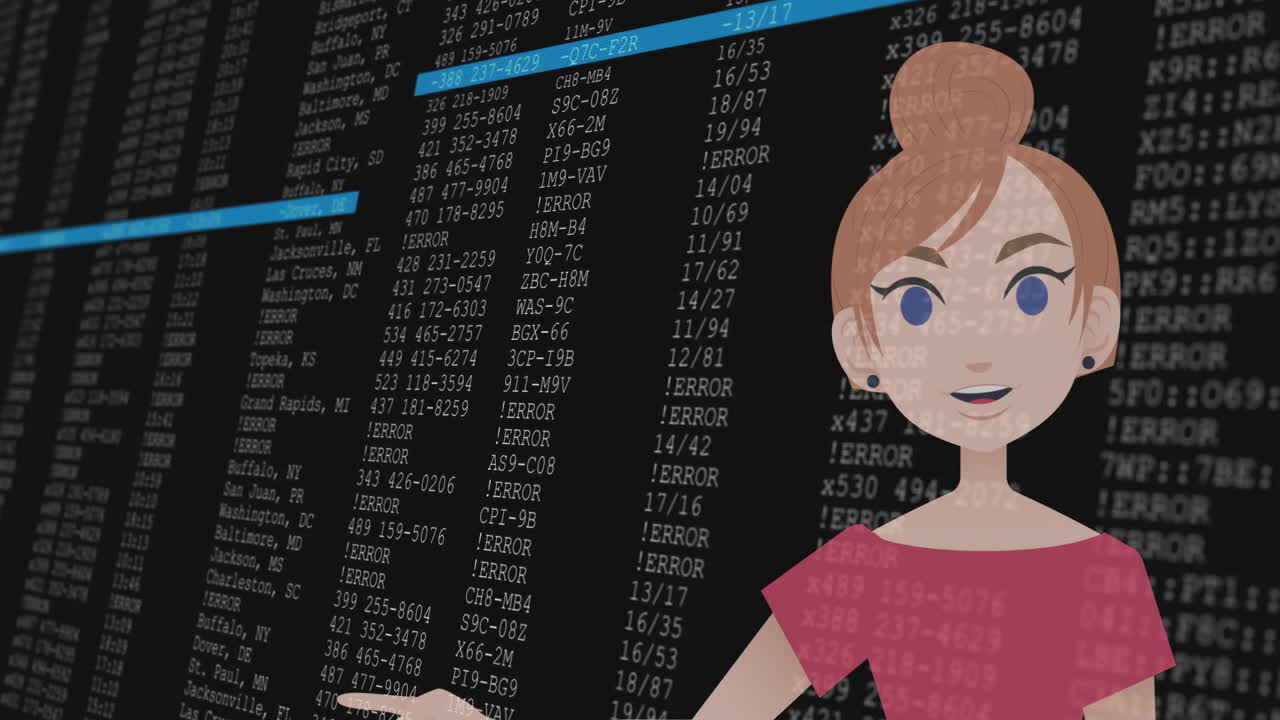 Animation of character pointing at school data screen with error messages